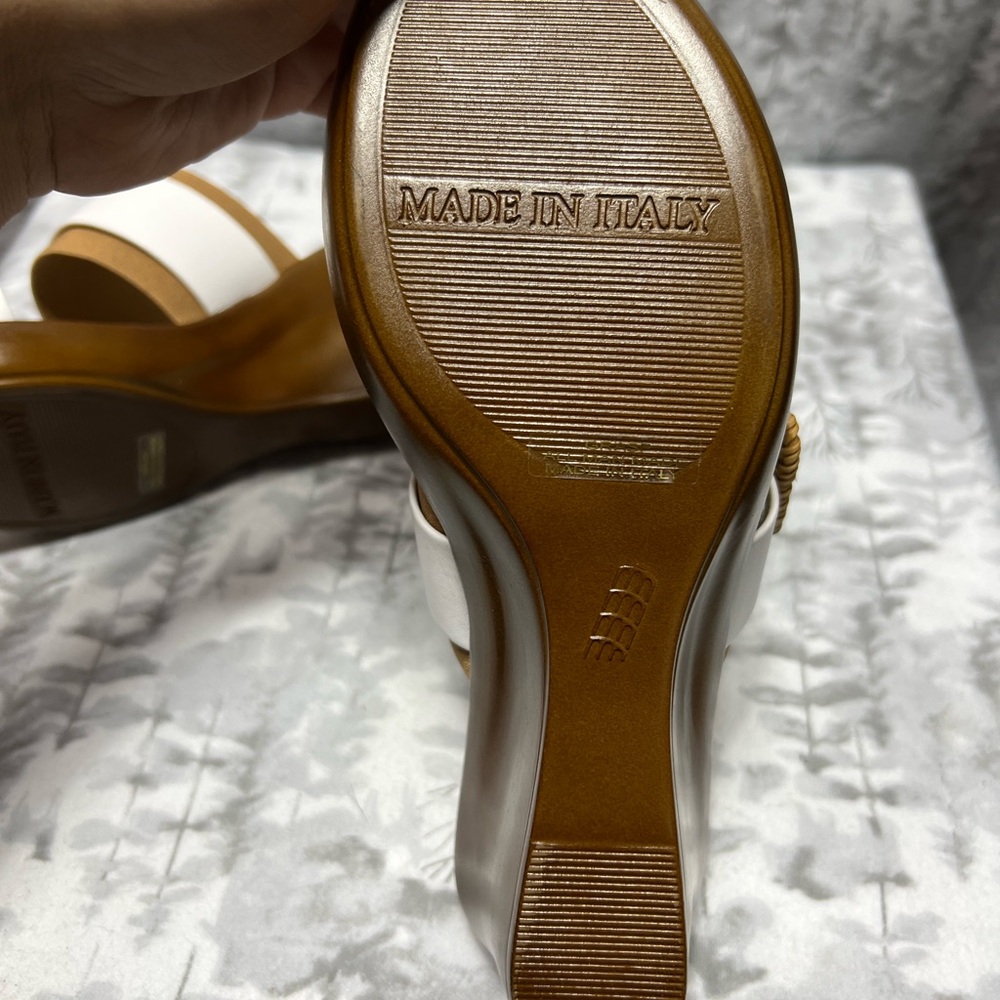 Toscanella Italy Womens White Tan Wedge Sandals Raffia Buckle Slides Size 6 - Picture 3 of 5